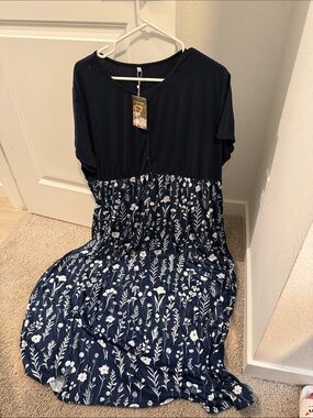 Amazon Navy and White Floral Maxi Dress with Buttoned Bodice